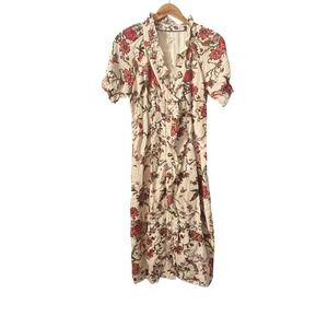 Pilcro Anthropologie Linen Blend Floral Bird Print Ruffle Midi Dress Cream Sz 4
